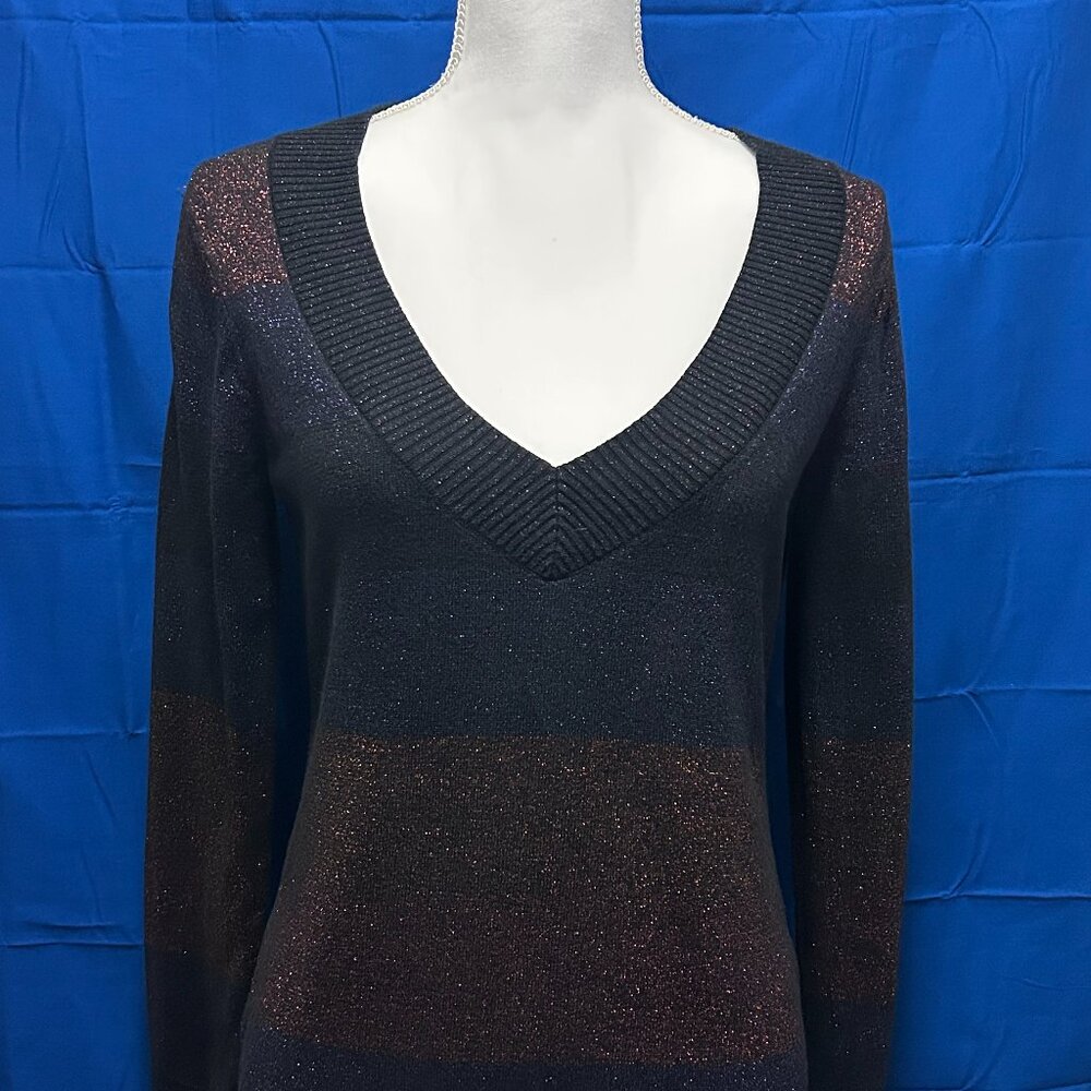 Express deep vneck retro look multi color metallic thread sweater, medium